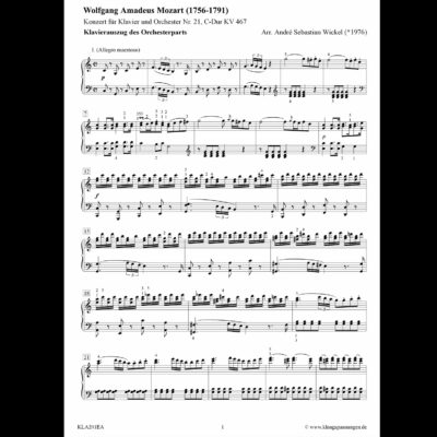 Notenblatt für Klavier mit Titel "Konzert Nr. 21, C-Dur" von Mozart, auszugliches Arrangement von André Wickel.