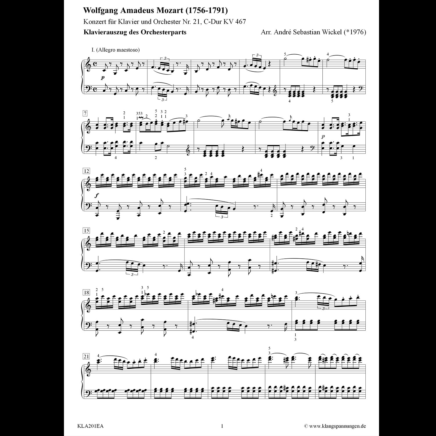 2 Konzert KV 467 Satz 1 Mit Wasserzeichen 1 Notenblatt für Klavier mit Titel "Konzert Nr. 21, C-Dur" von Mozart, auszugliches Arrangement von André Wickel.