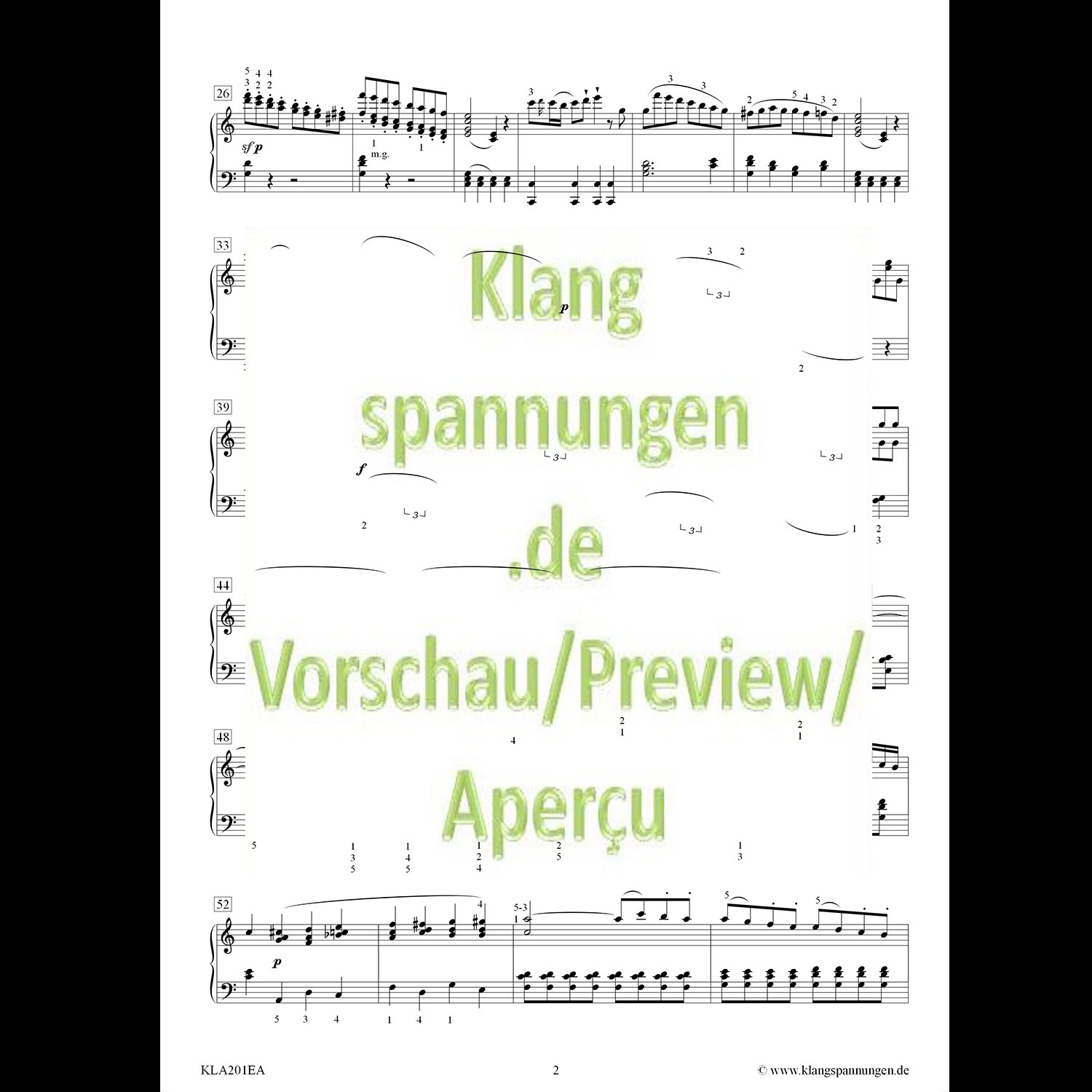3 Konzert KV 467 Satz 1 Mit Wasserzeichen 2 Musiknoten mit Wasserzeichen "Klangspannungen.de Vorschau" in grüner Schrift über die gesamte Seite.