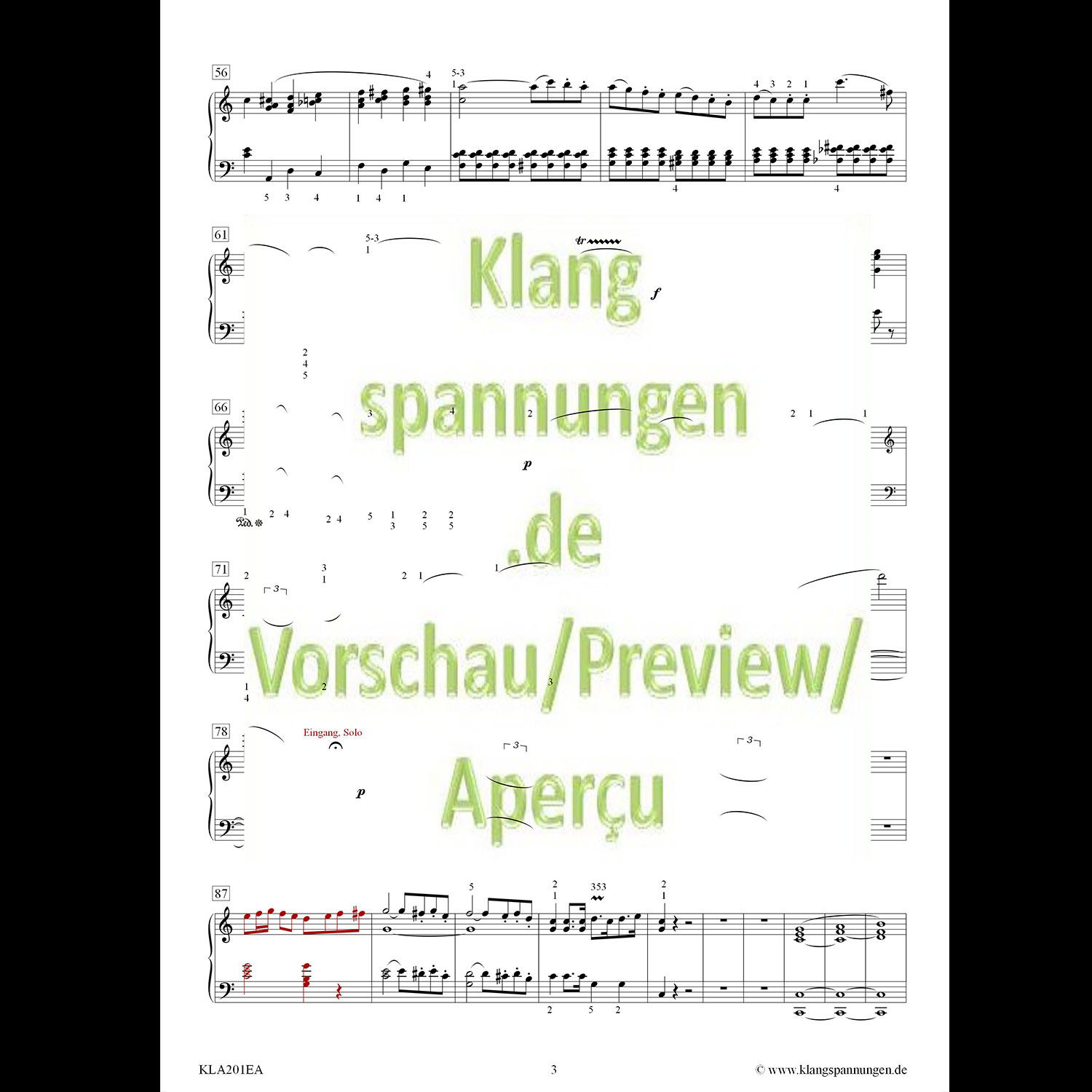 4 Konzert KV 467 Satz 1 Mit Wasserzeichen 3 Notenblatt mit Klavierstück und großem Wasserzeichen "Klangspannungen.de Vorschau/Preview/Aperçu".