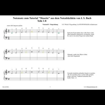 Klaviernotenblatt mit Fingeranweisungen und Kommentaren zum Üben einer Bach-Musette. Drei Notensysteme mit Taktstrichen.