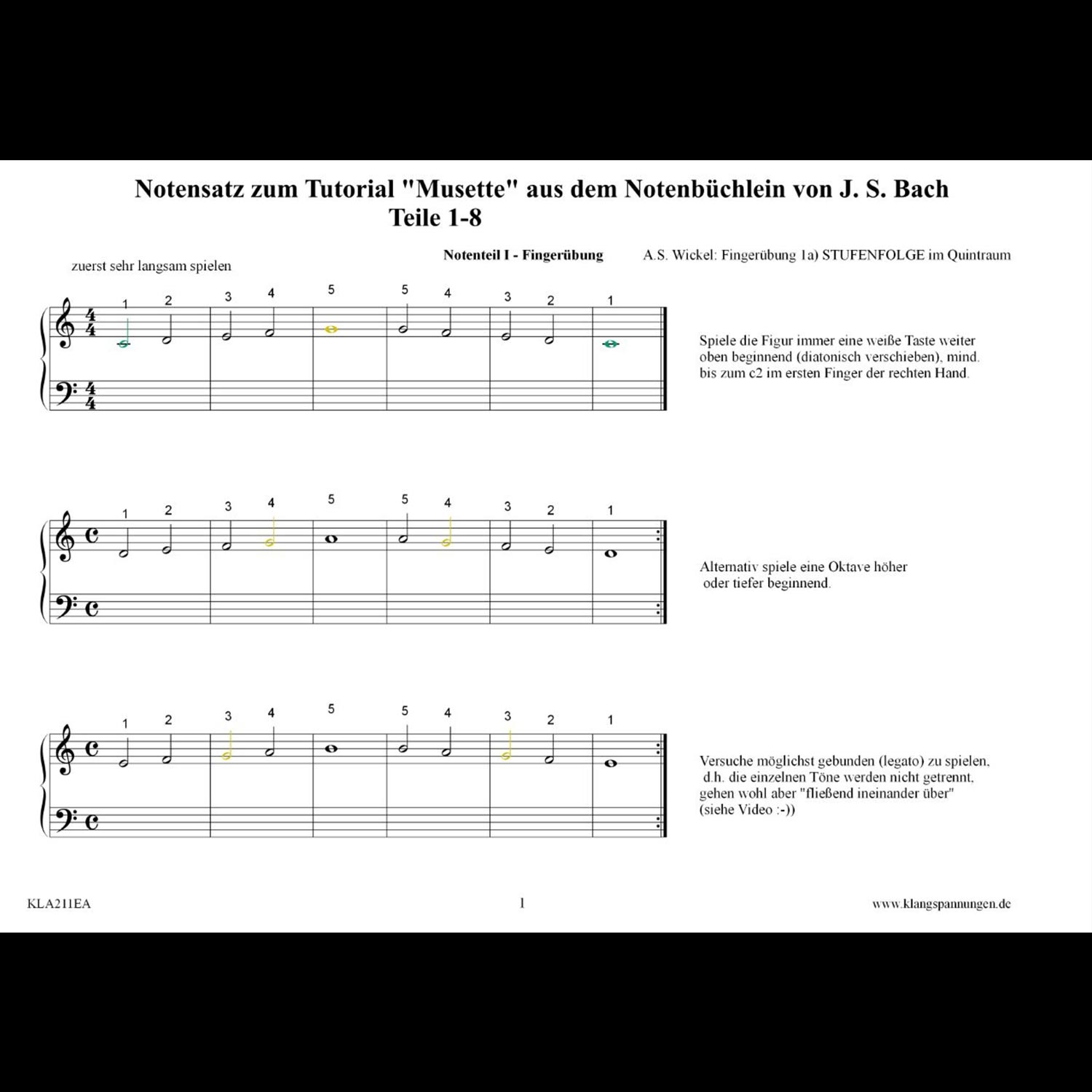 Musette Tutorial 1 Klaviernotenblatt mit Fingeranweisungen und Kommentaren zum Üben einer Bach-Musette. Drei Notensysteme mit Taktstrichen.