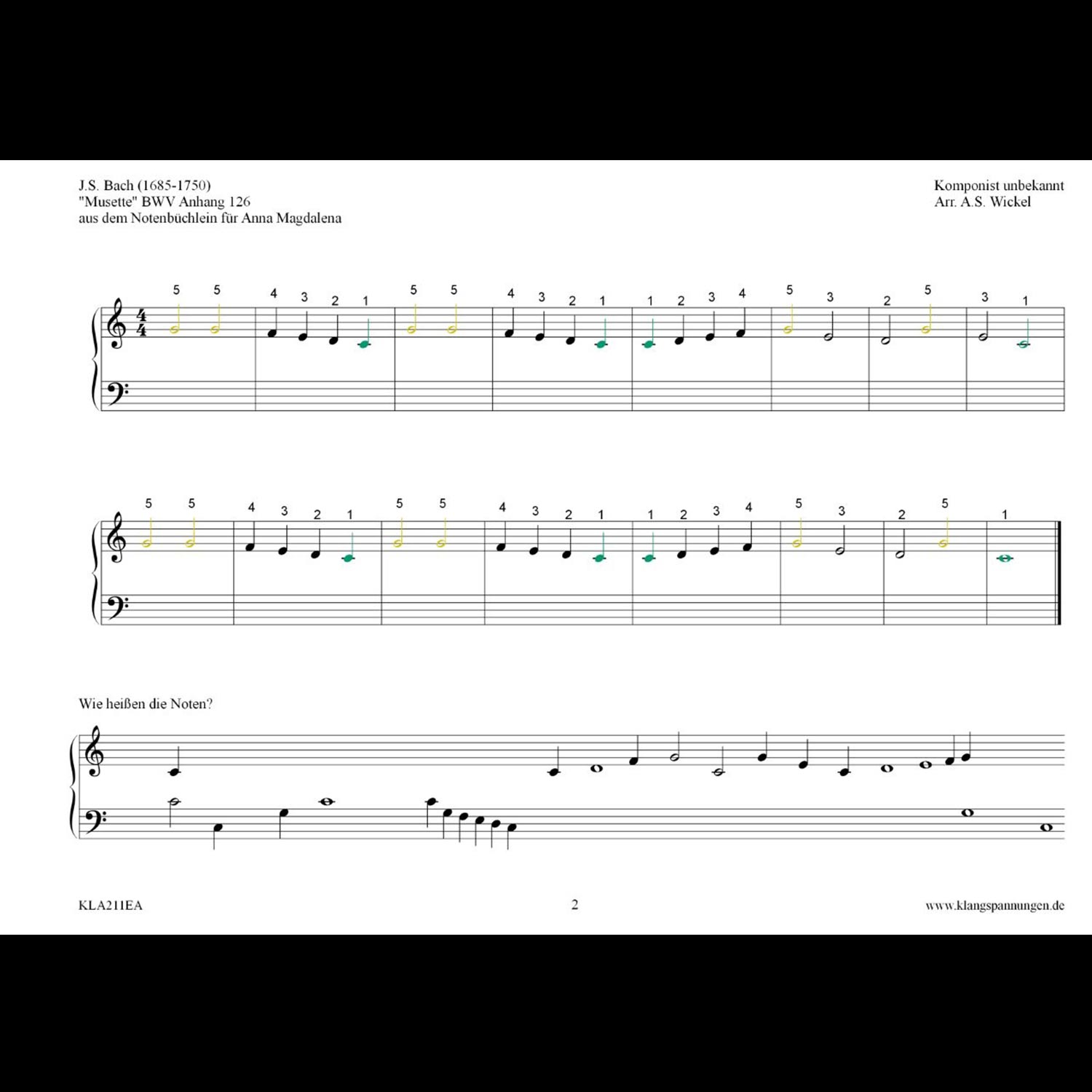 Musette Tutorial 2 Notenblatt mit zweizeiligem Musikstück und gelben sowie grünen Ziffern über den Noten.