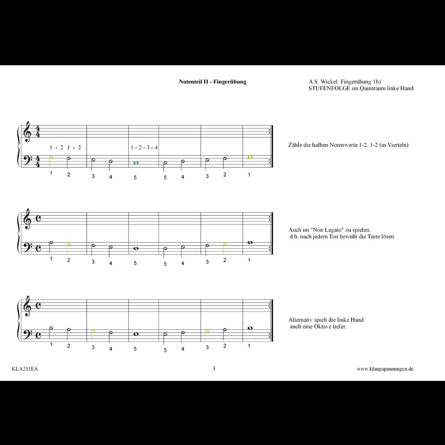 Musette Tutorial 3 Musiknotenblatt mit Übungen zur Fingerbewegung für Klavier, linke Hand, Notenlinien und Zahlen.