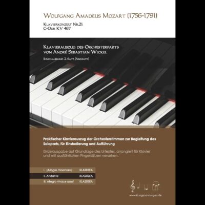 Cover eines Klavierauszugs von Mozarts Konzert mit Klaviertasten im Hintergrund.