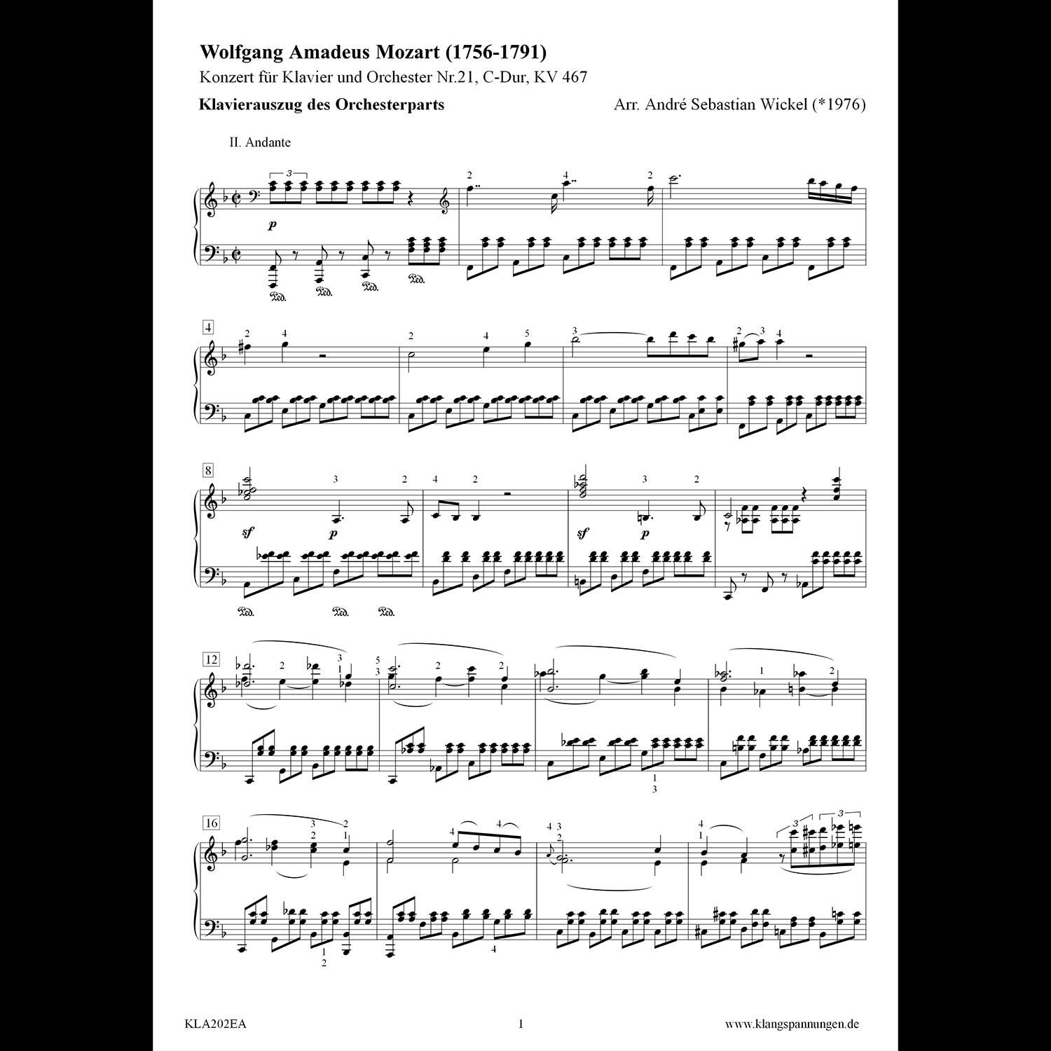 Musikpartitur von Mozarts Klavierkonzert Nr. 21 in C-Dur, KV 467, Arrangement von André Sebastian Wickel.