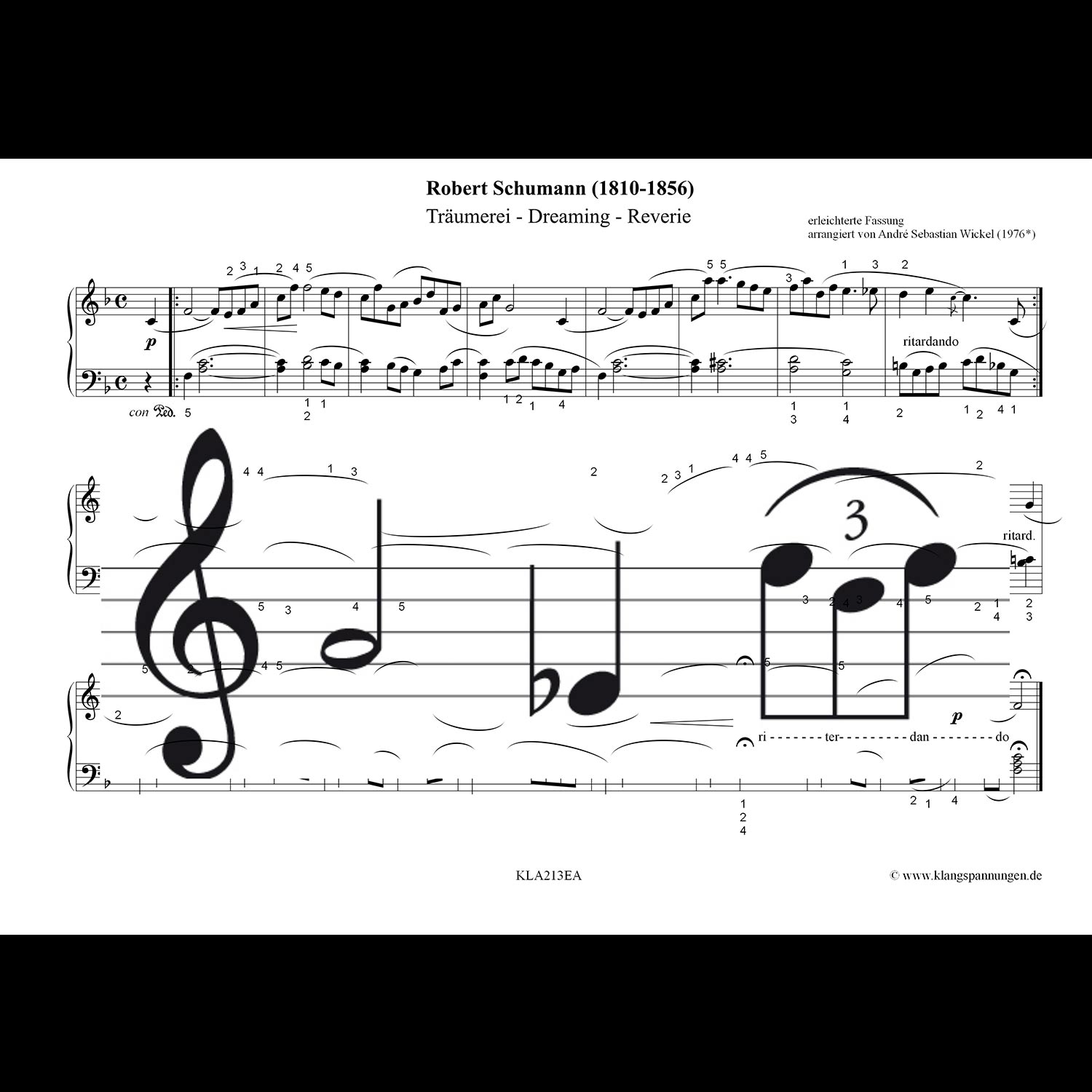 Notenblatt für Klavier, "Träumerei" von Robert Schumann, bearbeitet von André Sebastian Wieke.