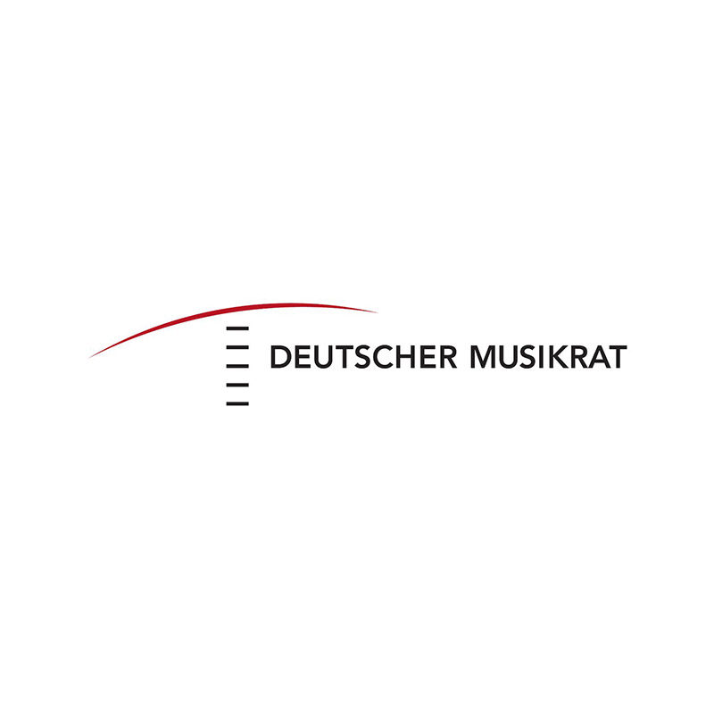 Logo mit rotem Bogen, schwarzen Linien und Text "DEUTSCHER MUSIKRAT" auf weißem Hintergrund.