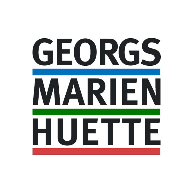 Textlogo "GEORGS MARIEN HUETTE" mit blauen, grünen, roten Unterstreichungen.