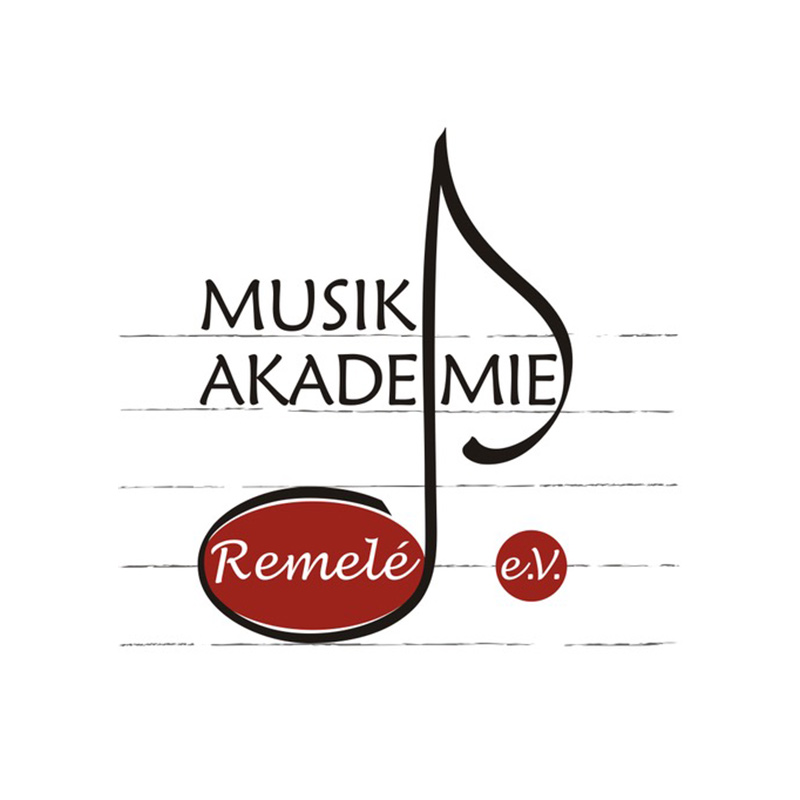 Logo der Musikakademie mit großer Notenform und Schriftzügen "Remelé" und "e.V." auf rotem Hintergrund.