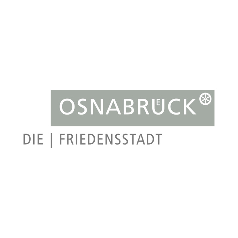 Graues Logo mit Text "OSNABRÜCK DIE | FRIEDENSSTADT" und stilisiertem Rad auf weißem Hintergrund.