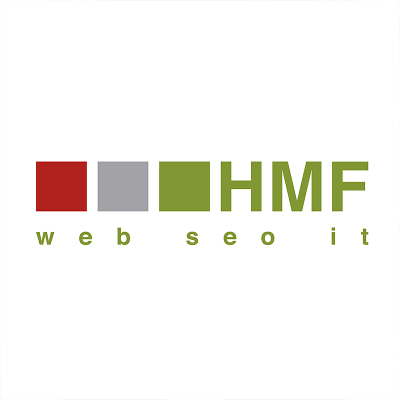 Logo mit drei Quadraten in Rot, Grau, Grün und dem Text "HMF web seo it" in grüner Schrift.