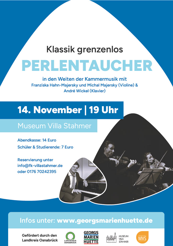 Plakat für ein Klassikkonzert "Perlentaucher" am 14. November im Museum Villa Stahmer.